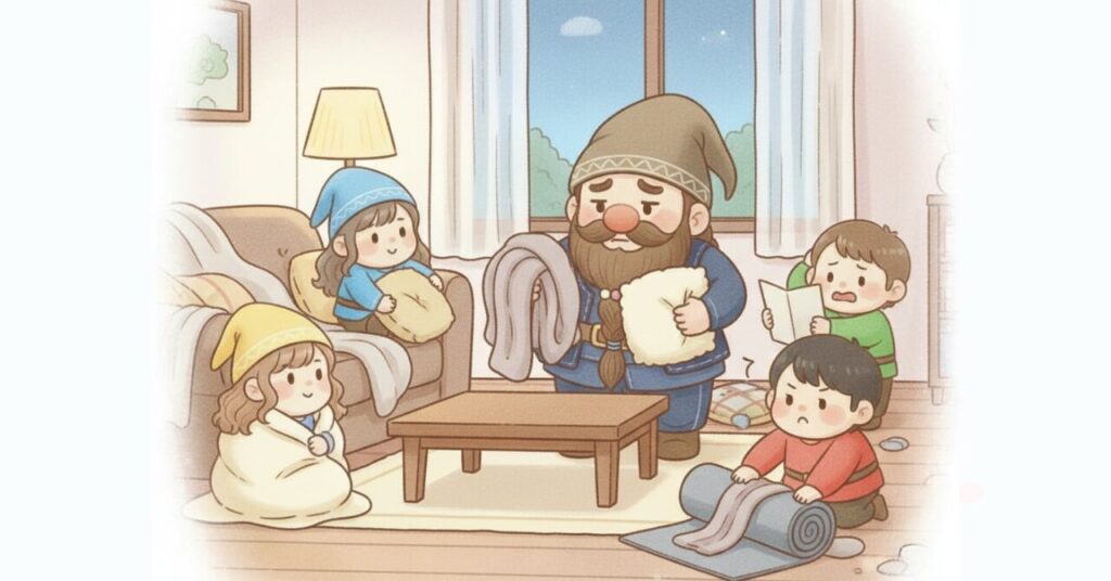 夜のリビングでクッションやブランケットを手に困った表情のドワーフと、準備に戸惑う小人たちが集まっている様子を描いたイラスト