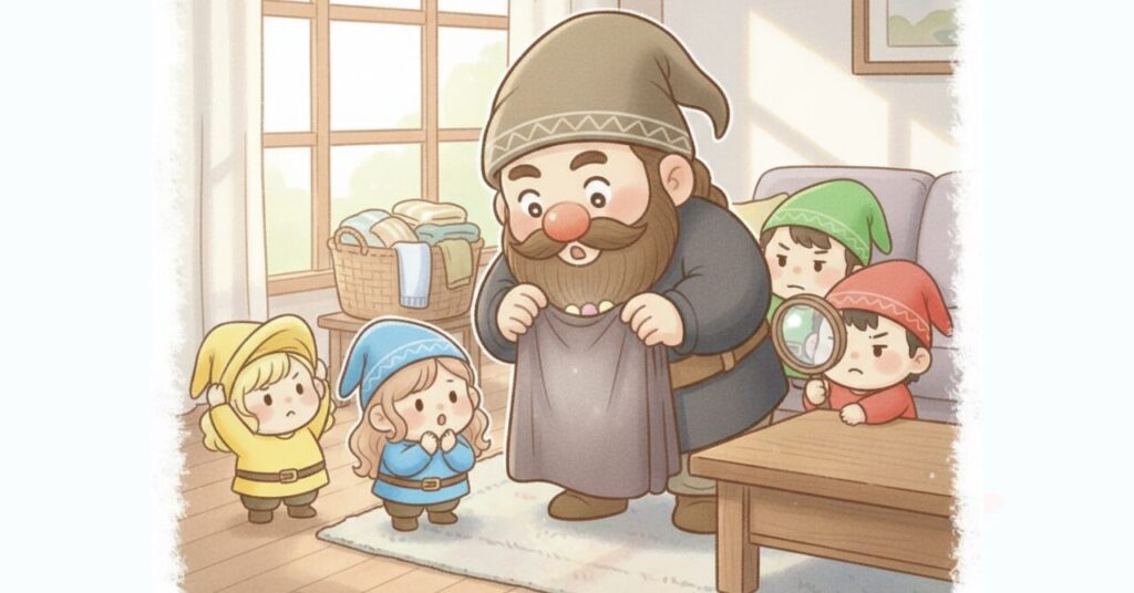 朝の光が入るリビングで、リカバリーウェアの生地を引っ張って確認するドワーフと、それを虫眼鏡や不安そうな表情で見守る小人たちの様子。洗っても効果が続く仕組みを確かめているイラスト