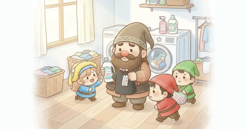 洗濯機の前で、洗剤ボトルと洗濯表示タグを見ながらリカバリーウェアを洗ってよいか迷うドワーフと小人たちの様子。室内の明るい洗濯スペースで相談しながら準備しているイラスト
