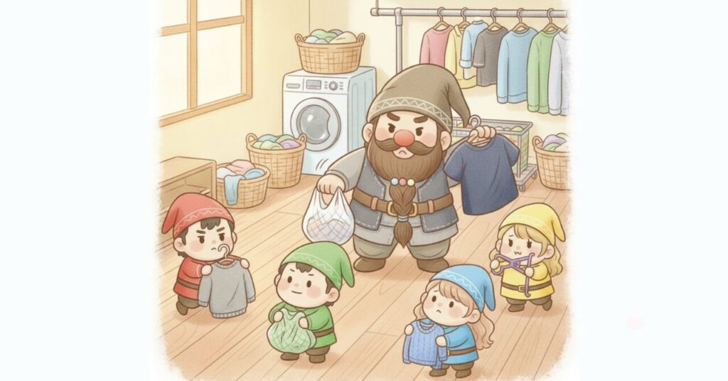 洗濯ネットとハンガーを使いながら、リカバリーウェアを縮ませないように室内干しするドワーフと小人たちの様子。洗濯機や物干しラックがある明るい部屋で協力して作業しているイラスト