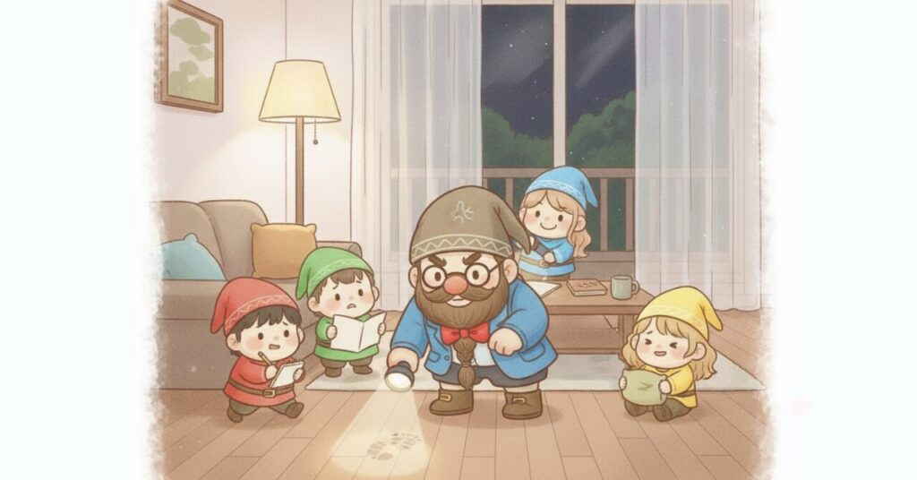 夜のリビングで探偵風の服とメガネを身につけたドワーフが懐中電灯で床を調べ、小人たちと一緒に疲れ対策を検証している様子を描いたイラスト