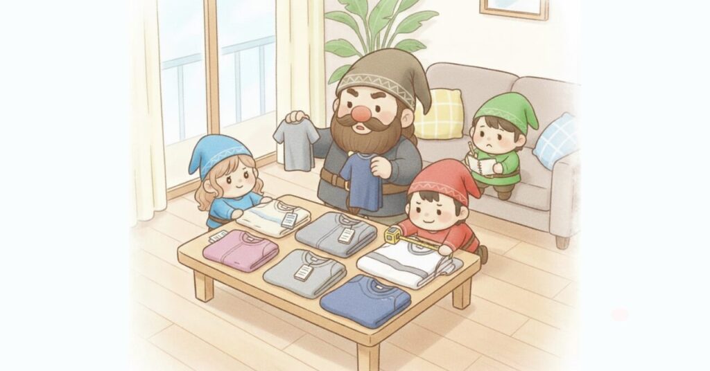 リビングのテーブルに並べた複数のリカバリーウェアを前に、ドワーフが持ち比べ、小人たちが測ったりメモしたりしながら素材や特徴を確認している様子を描いたイラスト