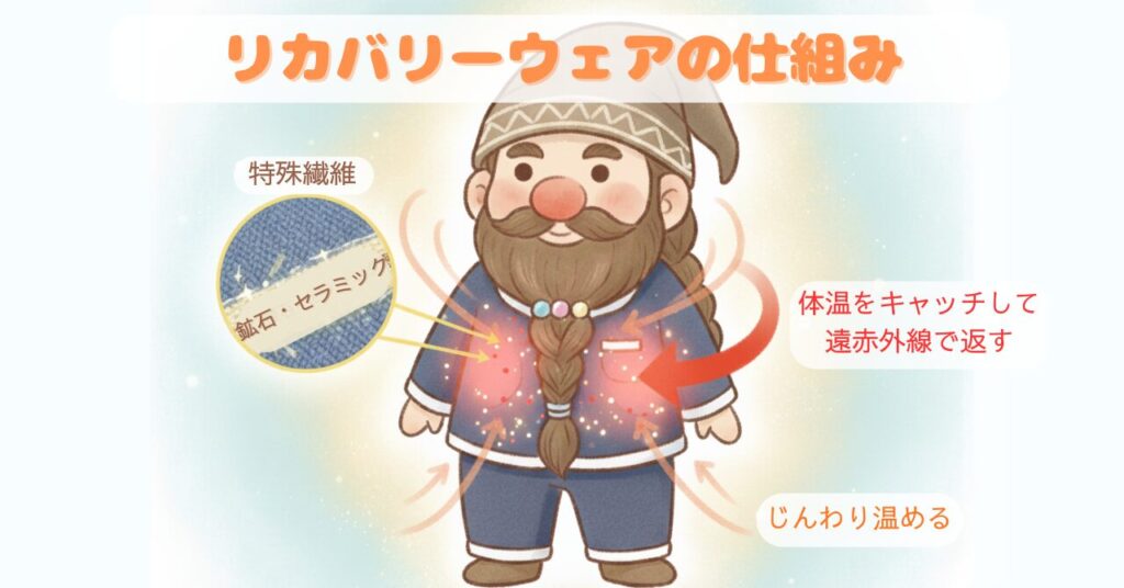 特殊繊維が体温をキャッチして遠赤外線として返す仕組みを、ドワーフキャラで図解したリカバリーウェアの説明画像