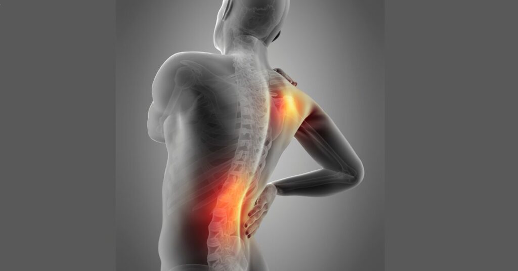 肩と腰が発光している人体イラスト。固まった筋肉をほぐすイメージで、リライブのポイント回復型の特徴を表現した画像。