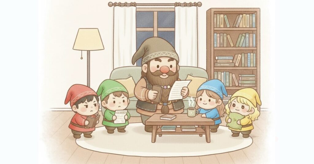 夜のリビングで資料やメモを手にしたドワーフと小人たちが集まり、疲れ対策について話し合っている様子を描いたイラスト