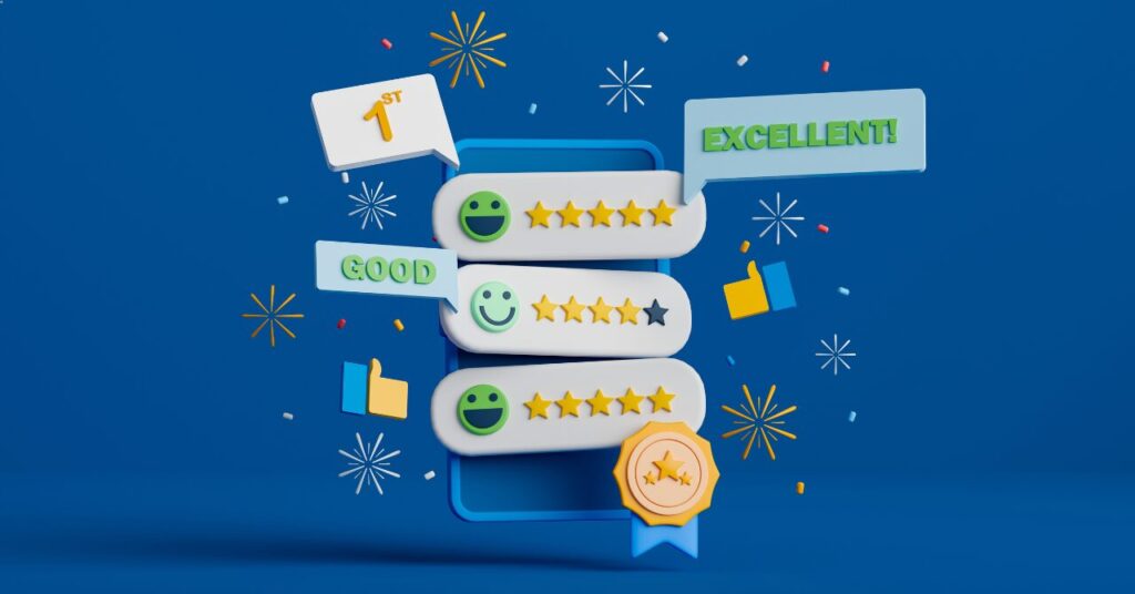 星5評価や「GOOD」「EXCELLENT」などの文字が並ぶカラフルなレビュー評価イメージ。口コミから高評価を受けている様子を表現した画像。