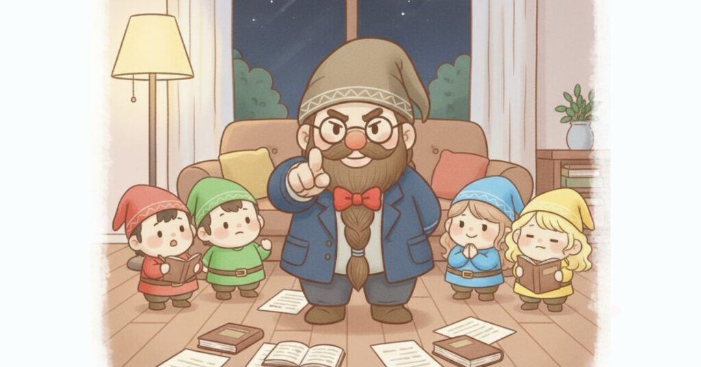 夜のリビングで探偵風のドワーフが正面を指さしながら、リカバリーウェアや疲労回復のポイントを小人たちにまとめて伝えているイラスト