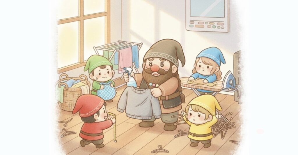 室内干しスペースで、縮んだように見えるリカバリーウェアに霧吹きをかけて直そうとするドワーフと、メジャーやハンガーを持って手伝う小人たちの様子。洗濯後の失敗を立て直そうとする場面を描いたイラスト