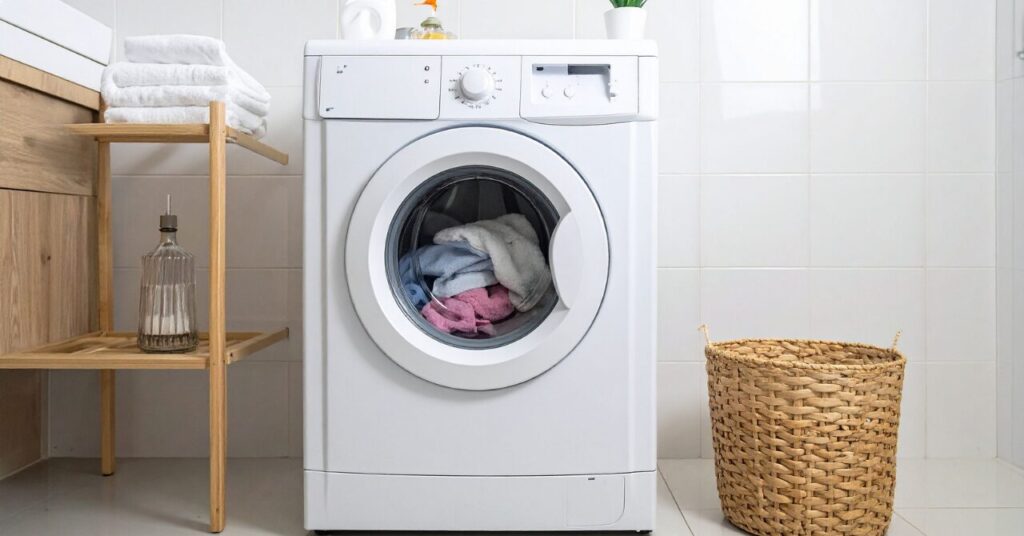衣類が入った洗濯機と洗濯カゴの写真。リカバリーウェアを安心して洗えることをイメージできる画像