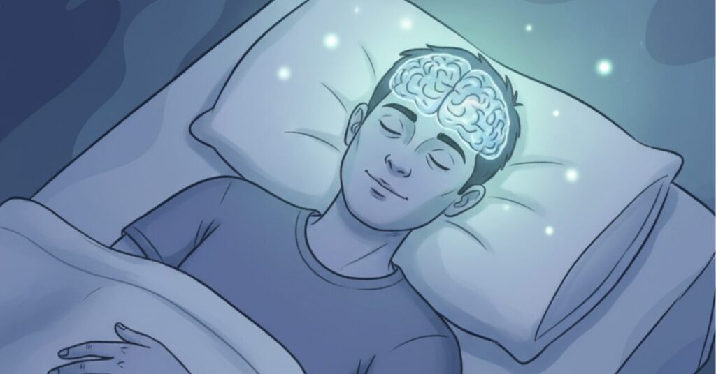 眠っている男性の頭が淡く光り、脳がリラックスしている様子を描いたイラスト。ブレインスリープウェアが睡眠の質を整えるイメージ画像。