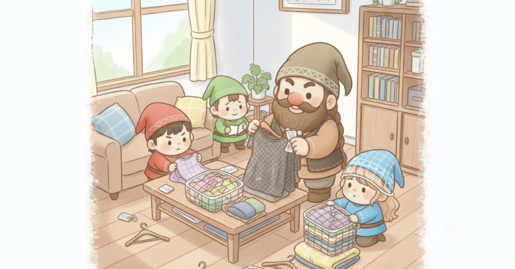 リビングで洗濯ネットに入れたリカバリーウェアを前に、ドワーフがタグを見ながら説明し、小人たちがメモや服を手にして疑問を整理している様子を描いたイラスト