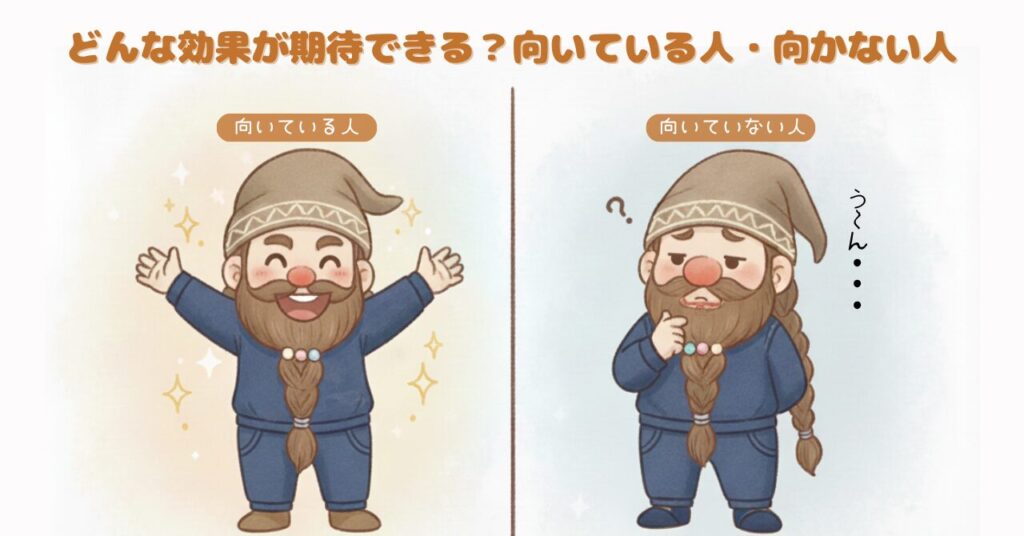 リカバリーウェアが向いている人と向かない人を比較し、喜ぶドワーフと悩むドワーフを並べて示したイラスト。