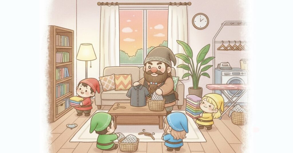 夕焼けが見えるリビングで、ドワーフと小人たちがリカバリーウェアを丁寧にたたみ、洗濯ネットやハンガーを片づけながら長持ち習慣を身につけているあたたかい雰囲気のイラスト