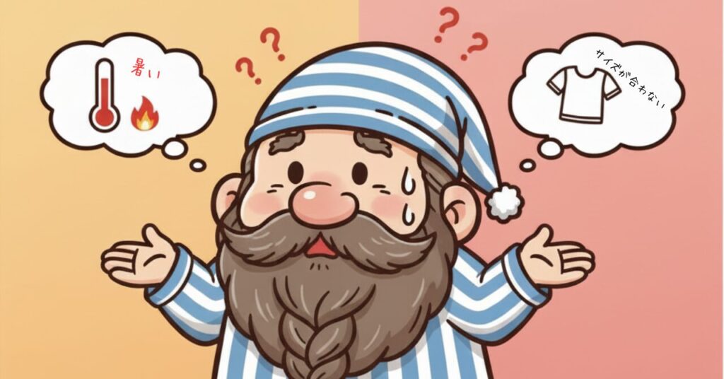 パジャマ姿のキャラクターが暑さやサイズの悩みで困っている様子を描いた、リカバリーウェアの悪い口コミを表すイラスト