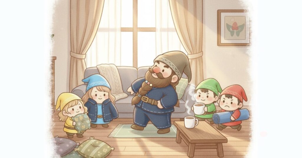朝の光が差し込むリビングで、リカバリーウェア姿のドワーフと小人たちがストレッチや休憩の準備をしている様子を描いたイラスト