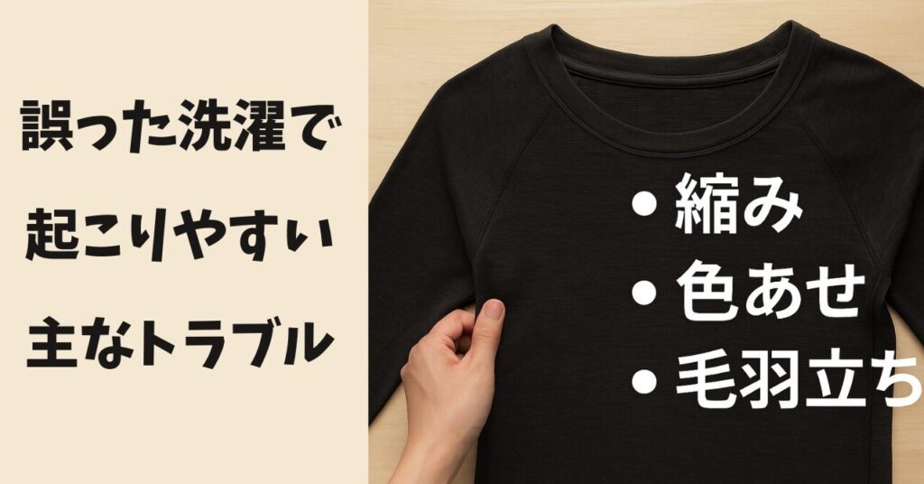 リカバリーウェアを背景にした洗濯トラブル注意喚起のイメージ写真