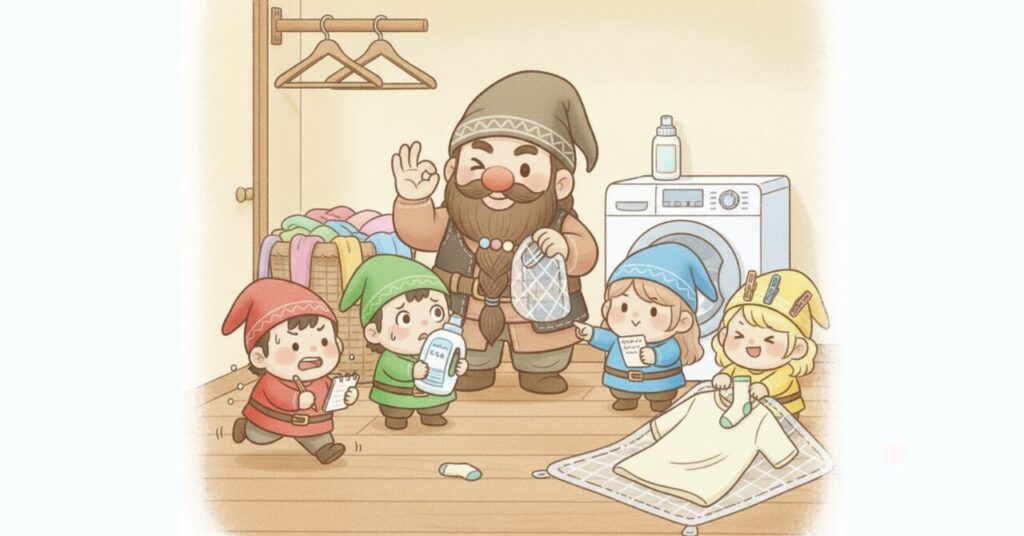 洗濯機の前でドワーフと小人たちが洗濯ネットや洗剤を確認しながら、家族の洗濯物とベネクスを一緒に洗うときの現実的な判断を表現したイラスト
