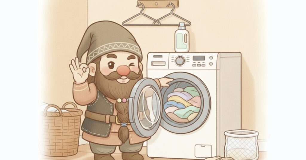 洗濯機の前でOKサインを出し、ベネクス洗濯ルーティンの基本を示すドワーフのイラスト