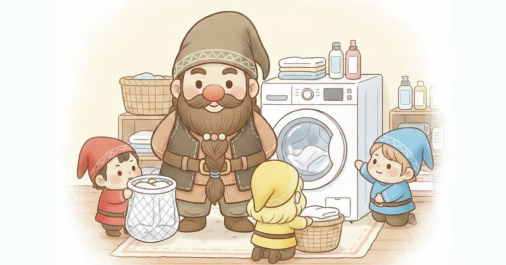 洗濯機の前でドワーフを中心に、小人たちが洗濯ネットや洗濯物を支え、ベネクス洗濯ルーティンの安心できる理由を表現したイラスト