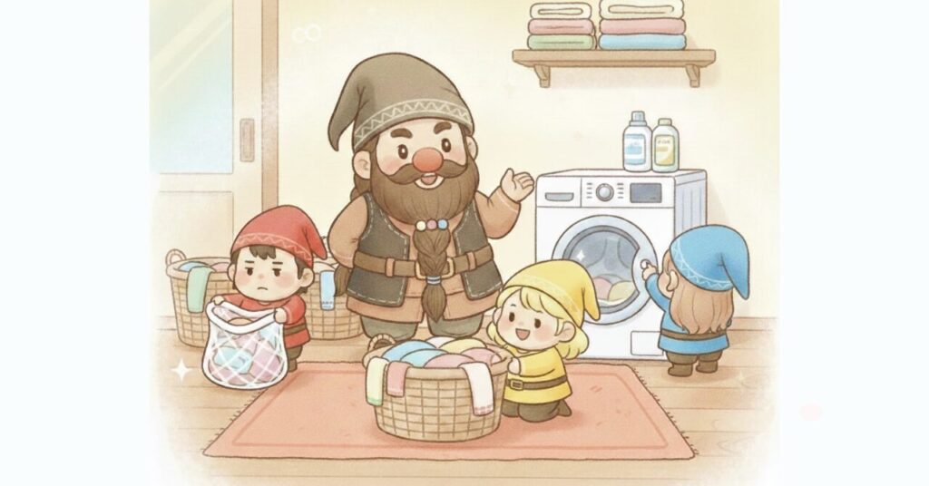 洗濯機の前でドワーフと赤・青・黄色の小人が役割分担し、洗濯ネット準備・投入・操作を同時に進める最短3分の洗濯ルーティンを表したイラスト