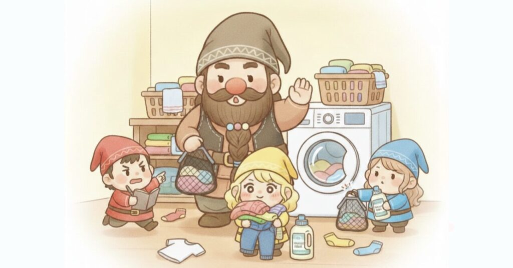 洗濯機の前でドワーフと赤・青・黄色・緑の小人たちが、洗剤や洗濯ネットを確認しながら洗濯の失敗を止めて対処している様子を描いたイラスト