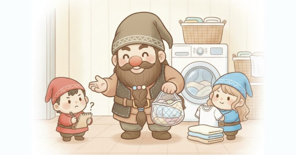 洗濯機の前でドワーフが洗濯ネットを手に説明し、赤い小人が質問メモを取り、青い小人が洗濯物を確認して疑問を解消している様子を描いたイラスト