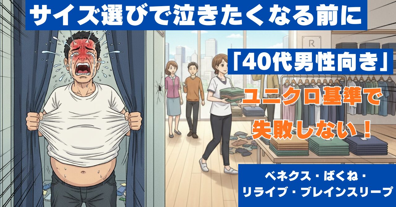 試着室でサイズに苦戦して泣きそうになる40代男性のイラスト。ユニクロ基準でリカバリーウェアのサイズ選びに失敗しないことを訴求したバナー。ベネクス・バクネ・リライブ・ブレインスリープ対応。
