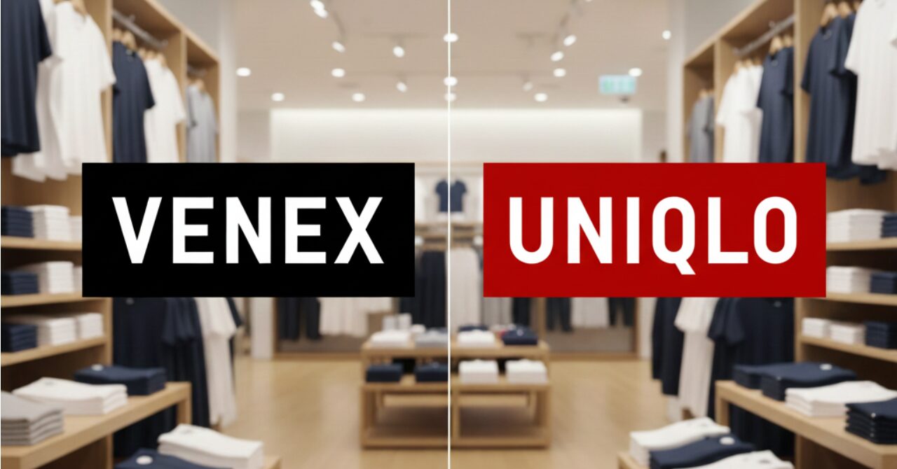 ベネクスとユニクロの店舗内を左右に分けて比較し、サイズ感の違いを示唆する画像。リカバリーウェア選びでユニクロ基準とのギャップを理解するためのビジュアル。