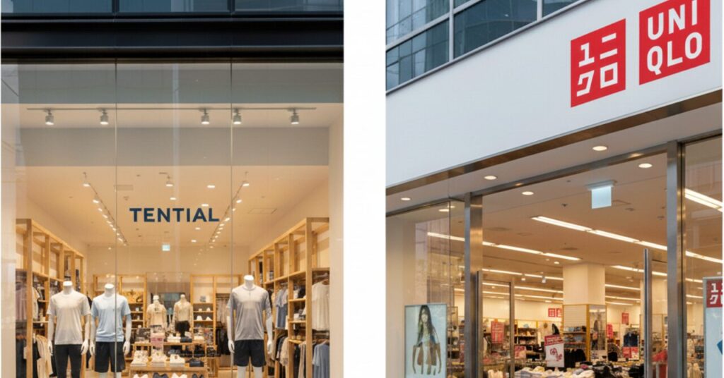 TENTIAL（テンシャル）とユニクロの店舗外観を左右に並べて比較した画像。サイズ感やブランドの違いをイメージしやすいように表現している。