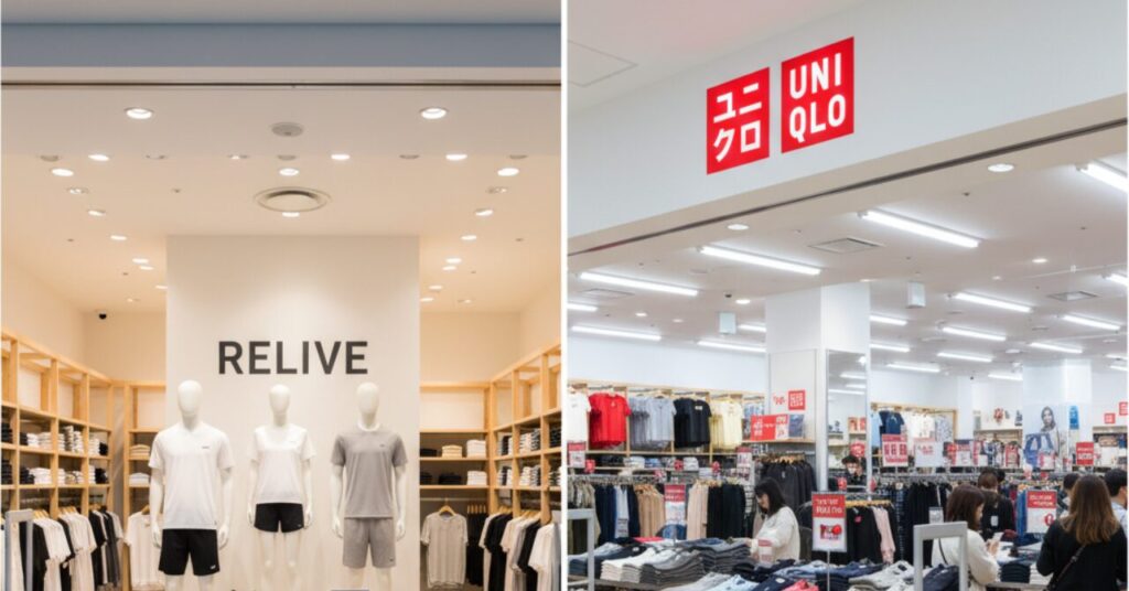 リライブシャツ（RELIVE）とユニクロ店舗の比較イメージ。リライブはフィット寄りのサイズ感で、40代男性はジャストかワンサイズ上を検討したいことを示す画像。