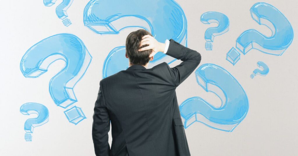 効果を感じにくくて首をかしげる男性。水色のクエスチョンマークに囲まれて悩んでいる様子をユーモラスに表現した画像。