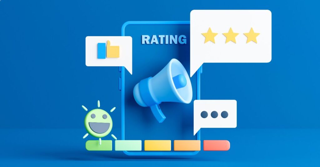 星マークやいいねアイコンが表示されたレビュー画面のイメージ。リカバリーウェアのサイズ選びに関する口コミや評価を表現したイラスト風画像。