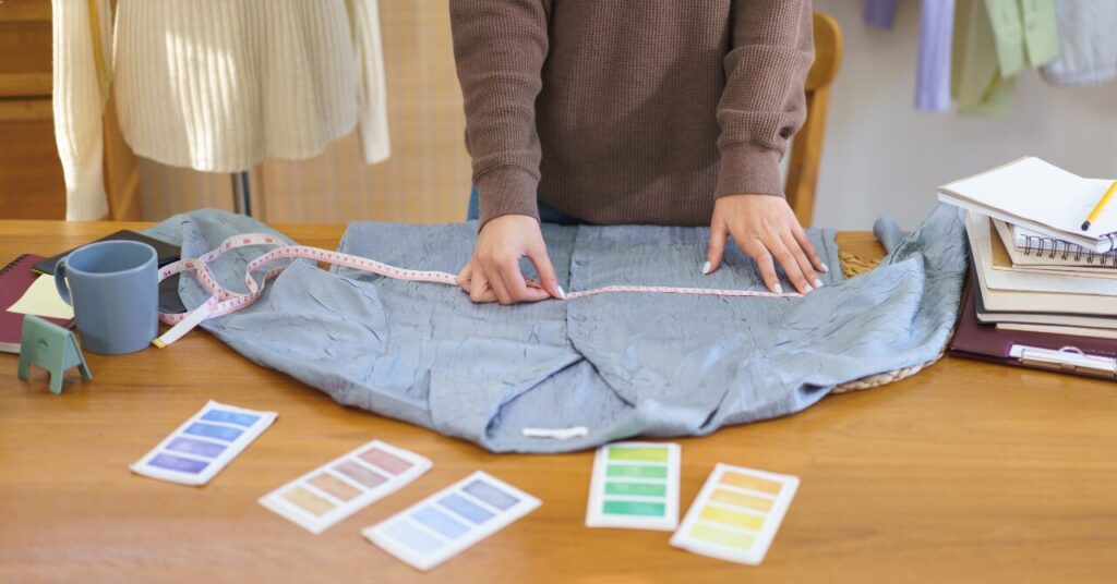 服のサイズを丁寧に測っている様子。リカバリーウェアの“自分に合うサイズ”を見極める重要性をイメージした写真。