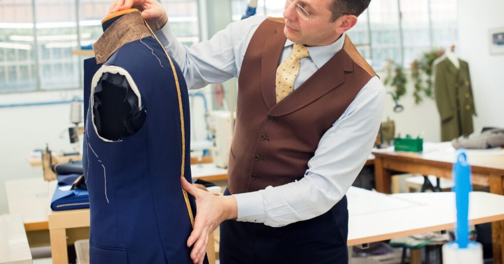仕立て職人がマネキンを採寸している写真。ユニクロサイズを基準にリカバリーウェアの大きさの違いをイメージできる説明用画像。