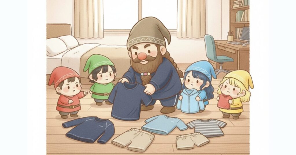 ドワーフと4人の小人が部屋でリカバリーウェアを並べながら体型や用途別にサイズ選びを相談しているイラスト