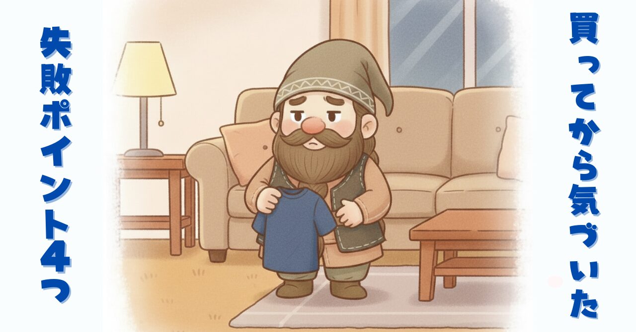 リカバリーウェアを手に持ち、買う前に迷って立ち止まるドワーフのイラスト。失敗ポイントを振り返る体験談記事のアイキャッチ画像。