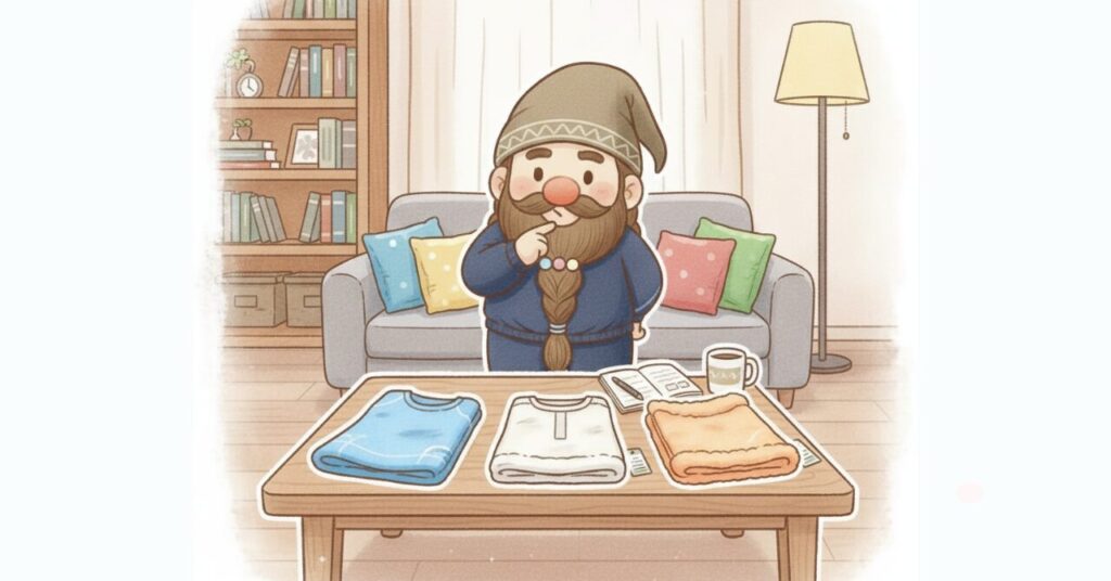 リビングのテーブルに3種類のリカバリーウェアを並べて素材の違いを考えているドワーフのイラスト。ブランド別・素材別の注意点を比較して選んでいる様子を表現した画像