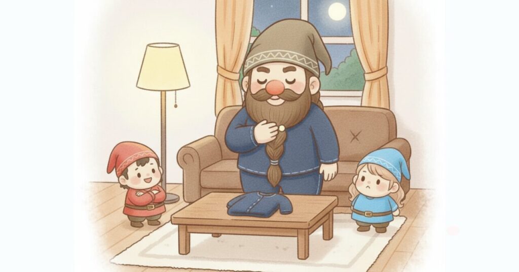 夜のリビングで、ドワーフがリカバリーウェアを前に穏やかな表情で振り返り、左右に小人が見守っている安心感のあるまとめシーン