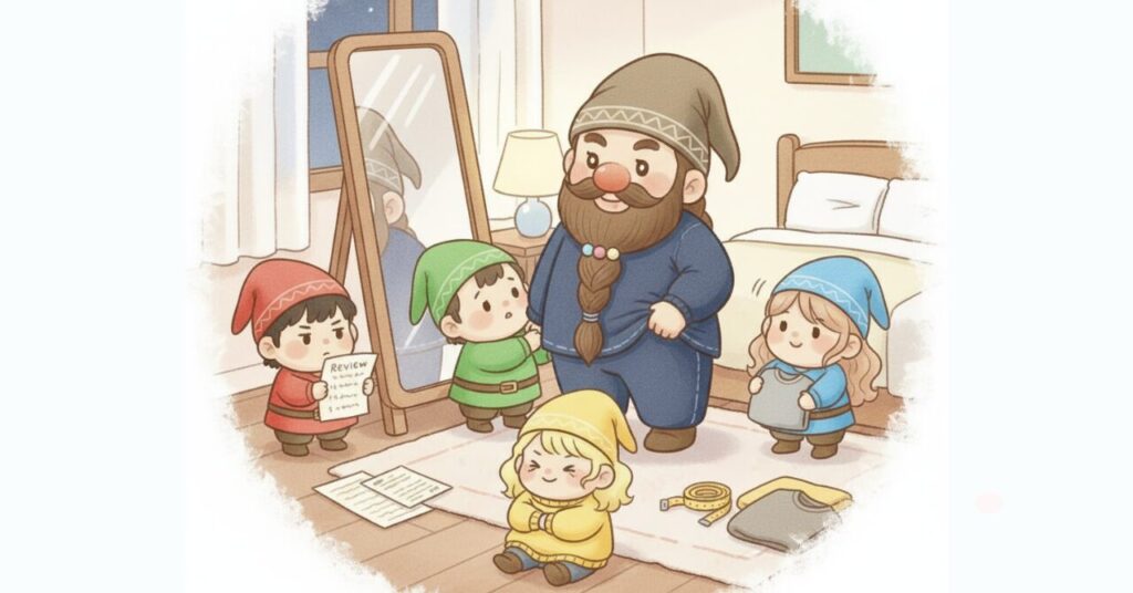 寝室でリカバリーウェアを着たドワーフが鏡の前に立ち、小人たちが口コミメモや服の裾を確認しながらちょうどいいサイズ感を確かめている様子