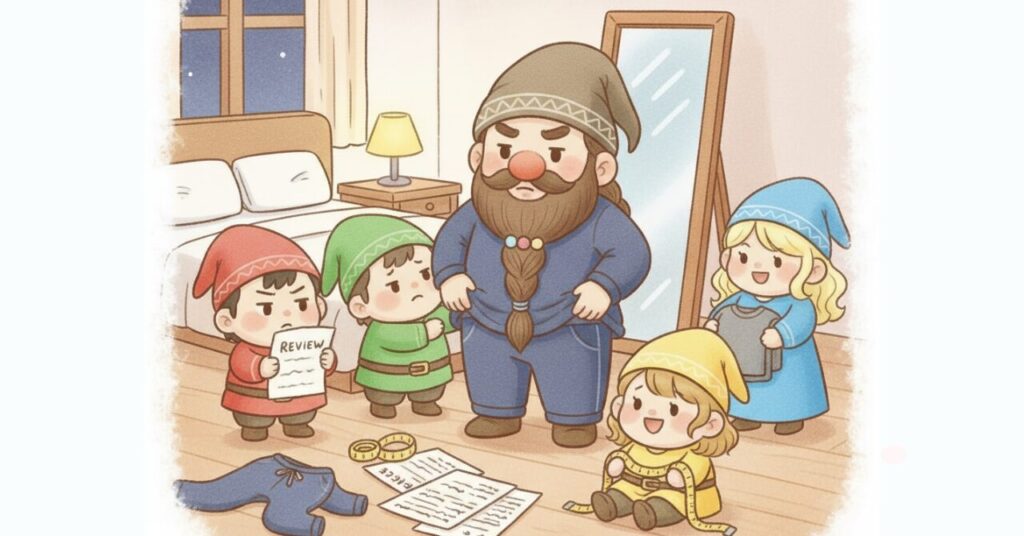 寝室でドワーフが鏡の前でリカバリーウェアのサイズ感を確認し、小人たちがメジャーやレビュー用紙を持ってサポートしている体型別サイズ選びのイメージイラスト