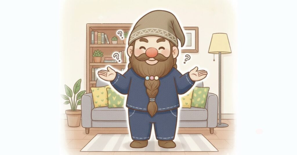 リビングで両手を広げて微笑みながら質問に答えるドワーフのイラスト。周囲に「？」マークが浮かび、リカバリーウェアのよくある質問に対応している様子を表現した画像