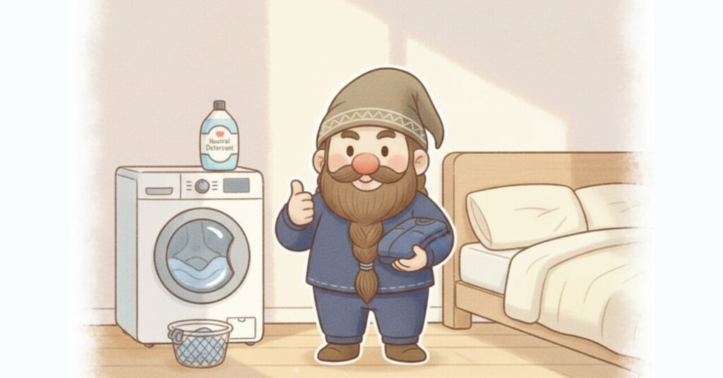 洗濯機とベッドの間に立ち、リカバリーウェアを持って親指を立てるドワーフのイラスト。正しいお手入れ習慣で長持ちさせる達成感を表現したまとめ用画像