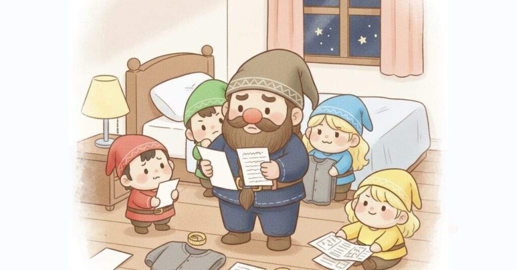 寝室でドワーフが紙を読みながらサイズや返品ルールを確認し、小人たちと一緒に疑問を整理しているリカバリーウェアのFAQイメージイラスト