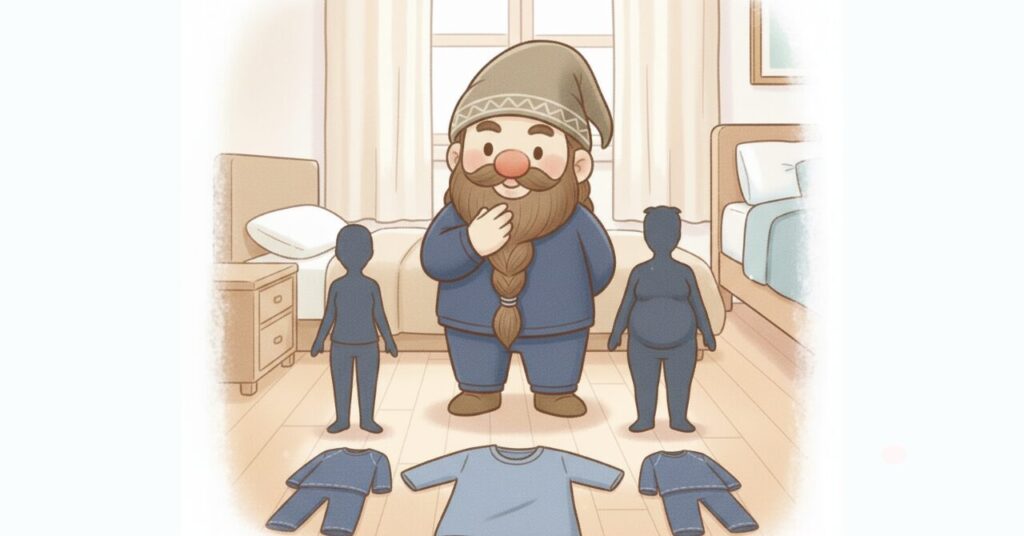 細身・標準・お腹まわりが出た体型のシルエットを見比べながらサイズ選びを考えているドワーフのイラスト