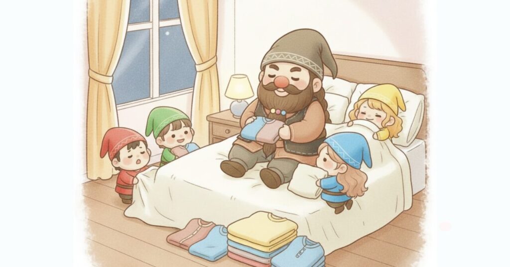 ベネクスのリカバリーウェアを着たドワーフと小人たちが寝室でリラックスしながら眠る準備をしている様子、快適な睡眠と回復をイメージしたイラスト