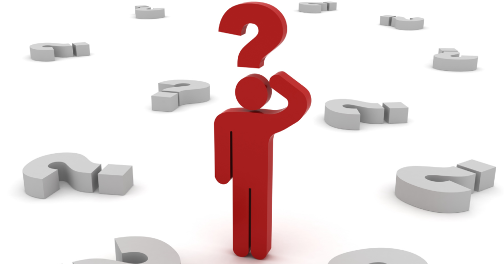 赤い人型キャラクターが頭の上に大きなハテナを浮かべて悩んでいる様子。ブランドごとにサイズ感が違うことに戸惑っているイメージ。