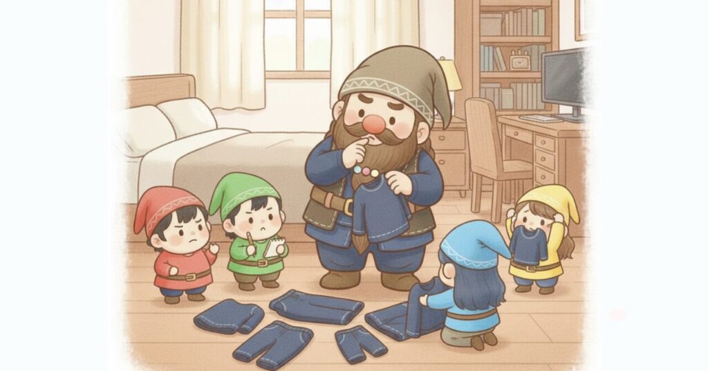 ドワーフと4人の小人が部屋でリカバリーウェアを並べながらサイズや選び方の疑問を相談しているイラスト