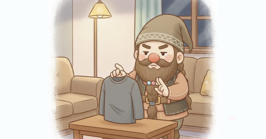 リカバリーウェアを前に、指でチェックしながら確認しているドワーフのイラスト。購入前に失敗を防ぐポイントを整理する見出し画像。