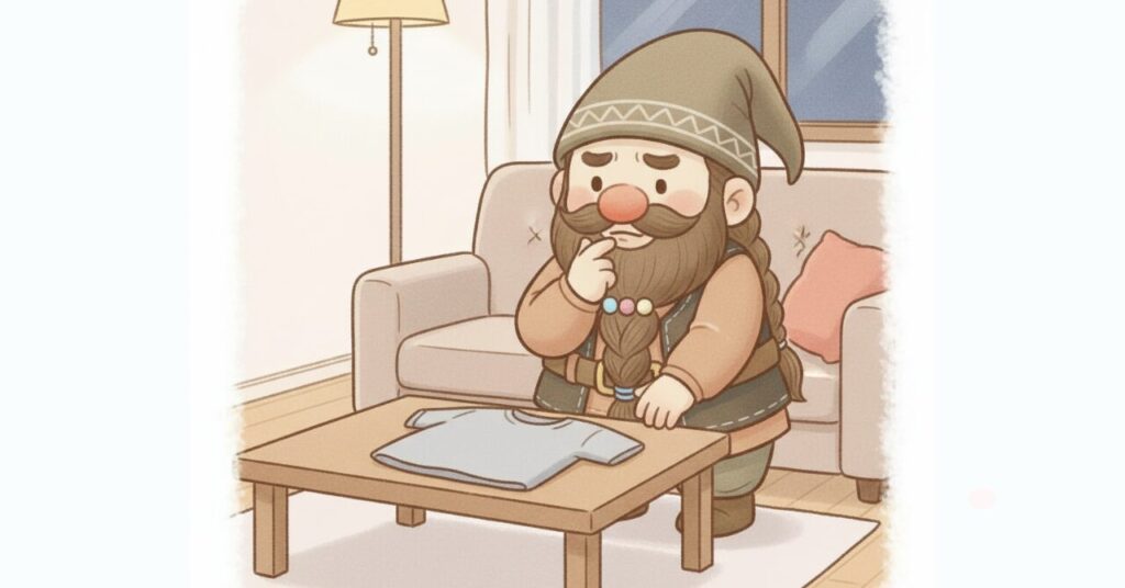 リカバリーウェアを前に、理由を考え込むドワーフのイラスト。購入時の判断がズレる原因を整理する見出し画像。