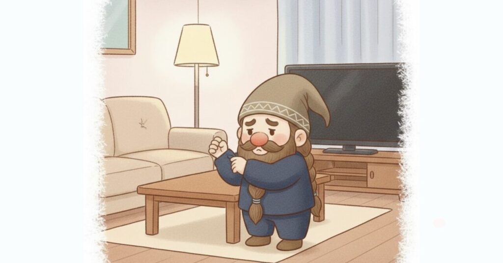 リカバリーウェアを着た直後、袖を引っ張りながら効果を確かめようとして戸惑うドワーフのイラスト。着た瞬間の即効性を期待しすぎた失敗談を表す見出し画像。